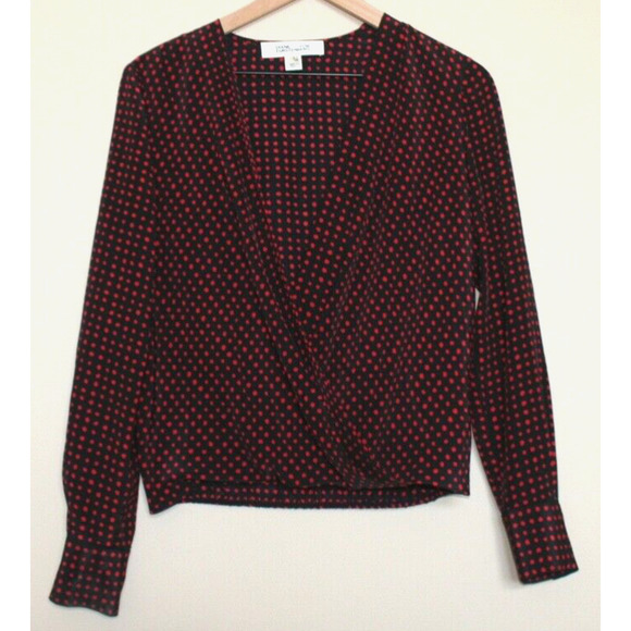 Diane von Furstenberg Blouse Top Shirt Drape Front Silk Black Red Dot Size 2 DVF - Picture 2 of 4